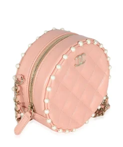 Alternative view of Pink Quilted Calfskin Pearl Round Clutch With Chain