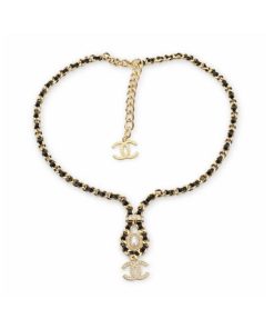Chanel CC Necklace Leather Chain Pearl Crystal Drop Choker Gold Tone Black