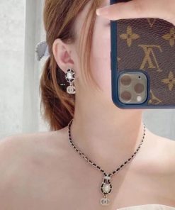 Alternative view of Chanel CC Necklace Leather Chain Pearl Crystal Drop Choker Gold Tone Black