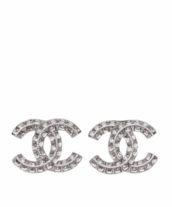 Chanel Cc Crystal Stud Earrings Metal Silver