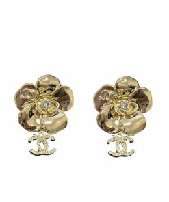 Chanel Cc Flower Earrings With Crystal Gold
