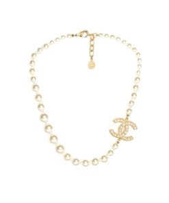 Chanel Glass Pearls CC Necklace Gold Pearly
