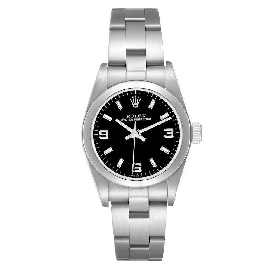 Rolex Oyster Perpetual Black Dial Smooth Bezel Steel Ladies Watch 76080